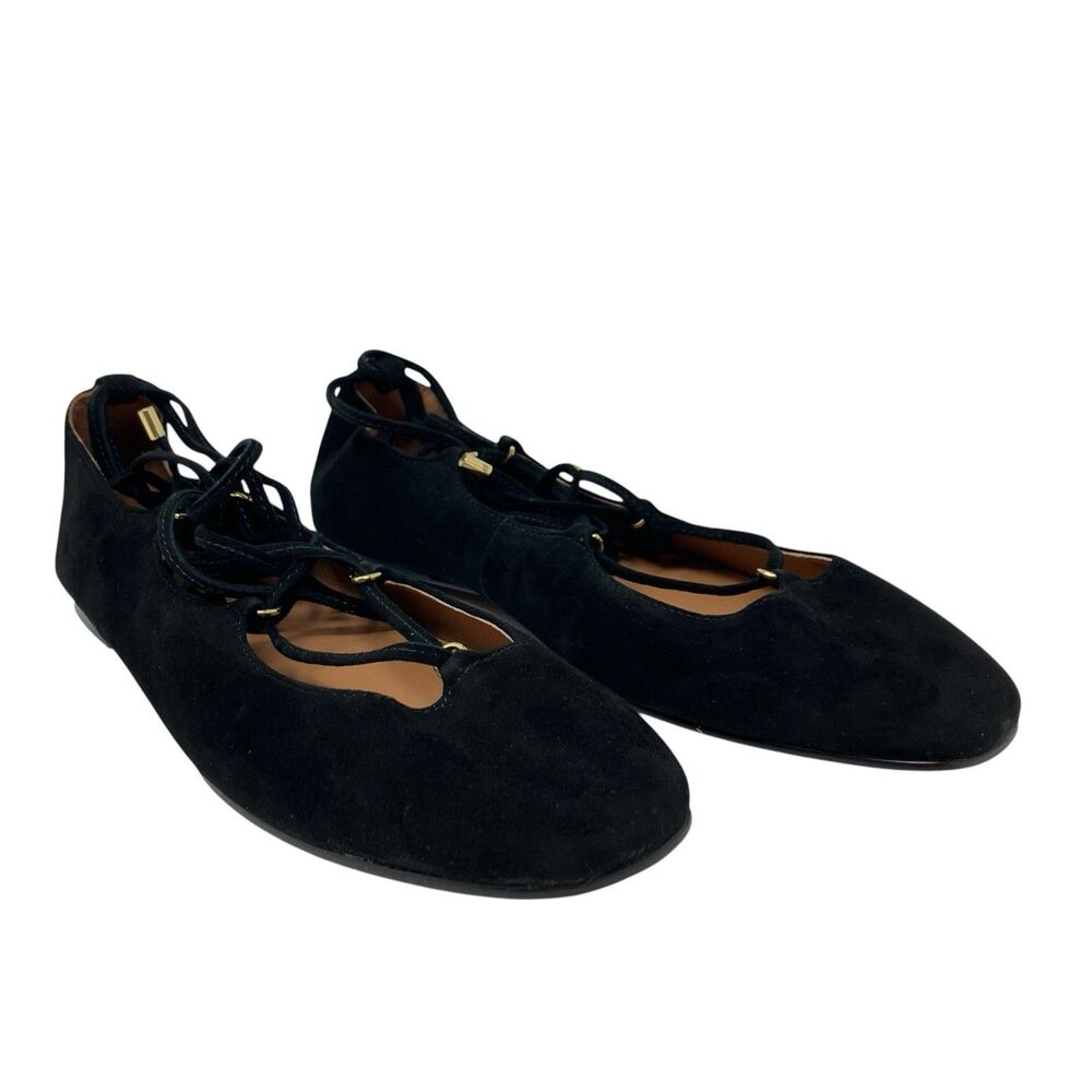 Madewell Ballet Flats Womens 9 Black Suede Greta Lace Up Square Toe Chic NY369